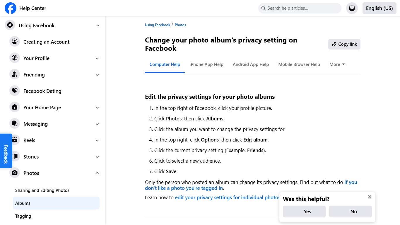 Change your photo album's privacy setting on Facebook Facebook Help Center